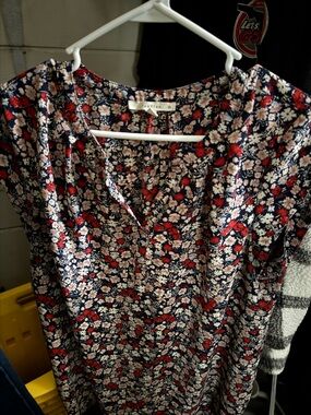 fun 2 fun Navy Floral Blouse with Red and Cream Flowers